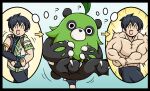 abs anthro black_and_white_fur black_hair comic duo flexing hair hi_res human imagining leaf male mammal mask mossanda muscular muscular_male pal_(species) pal_tamer palworld pecs pocketpair rakkuguy thought_bubble