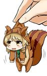 animal_costume animal_ears blush drill_hair earrings highres holding idolmaster idolmaster_cinderella_girls jewelry light_brown_eyes light_brown_hair long_sleeves looking_to_the_side minigirl morikubo_nono okitsugu open_mouth short_hair simple_background solo squirrel_costume squirrel_ears squirrel_tail tail white_background 