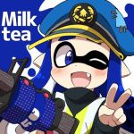  .96_gal_(splatoon) agent_3_(splatoon) blue_eyes blue_hair blush camouflage english_text eromame fang hat holding ink inkling inkling_girl inkling_player_character lowres one_eye_closed pointy_ears splatoon_(series) splatoon_1 squidbeak_splatoon tentacle_hair v vest yellow_vest 