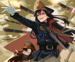  absurdres black_hair cape crazy_smile family_crest fate/grand_order fate_(series) gun hat highres long_hair makano_(user_zpua3342) medallion military_hat military_uniform mini_nobu_(fate) musket oda_nobunaga_(fate) oda_nobunaga_(koha-ace) oda_uri red_cape red_eyes smile uniform weapon 