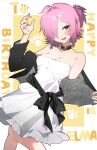  1girl absurdres artist_self-insert blush braid breasts choker cleavage commentary dress elma07 hair_intakes hair_over_one_eye half_updo hand_up happy_birthday highres jacket looking_at_viewer off_shoulder open_mouth original pink_hair sash sharp_teeth short_hair side_braids solo strapless strapless_dress teeth yellow_eyes 