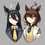  2girls absurdres agnes_tachyon_(umamusume) ahoge animal_ears black_choker black_hair brown_hair choker earrings hair_between_eyes highres horse_ears horse_girl horse_tail jewelry lab_coat long_bangs long_hair looking_at_viewer manhattan_cafe_(umamusume) multicolored_hair multiple_girls narrowed_eyes necktie red_eyes sanada_ina shirt short_hair short_necktie single_earring sweater sweater_vest tail umamusume white_hair yellow_eyes yellow_sweater yellow_sweater_vest 