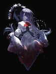  1girl acheron_(honkai:_star_rail) artist_name bare_shoulders black_background bridal_gauntlets choker clear_regulus commentary cropped_torso crying crying_with_eyes_open dress extra_arms floating_hair flower hair_over_one_eye highres honkai:_star_rail honkai_(series) layered_dress long_hair long_sleeves looking_at_viewer off-shoulder_dress off_shoulder one_eye_covered own_hands_clasped own_hands_together parted_lips purple_hair red_choker red_flower sidelocks simple_background skirt_hold solo stained_clothes streaming_tears tears 