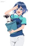  1girl :d absurdres bird blue_eyes blue_hair blue_shirt braided_sidelock bucket emily0103 hand_up highres holding holding_bucket misakino_kukuru pants penguin shell_hair_ornament shiroi_suna_no_aquatope shirt short_hair_with_long_locks short_sleeves simple_background smile solo standing twitter_username white_background white_pants 