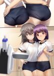  2girls alice_gear_aegis ass black_buruma breasts buruma clothes_lift grey_hair gym_uniform hand_on_another&#039;s_hip lifted_by_self long_hair mikuraza_azuki multiple_girls multiple_views navel purple_hair red_hair robot sasayuki shinonome_chie shirt_lift short_hair small_breasts smile yellow_eyes 