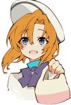  1girl :d bag beret blue_eyes blush bow bright_pupils close-up commentary_request cropped_torso eyes_visible_through_hair floating_hair hair_between_eyes hand_up happy hat highres higurashi_no_naku_koro_ni holding holding_bag looking_at_viewer open_mouth orange_hair purple_bow ryuuguu_rena short_hair simple_background smile solo suzuragi_karin white_background white_hat 
