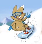  adriano_berjillos anthro blue_nose canid canine canis clothing collar_tag copper_(salt_lake_city_2002) coyote dot_eyes eyewear fur goggles handwear happy hi_res male mammal mittens mountain olympic_mascot olympics smile smiley_face snow snowboard snowboarding solo white_tipped_ears winter winter_olympic_games yellow_body yellow_fur 