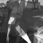  1boy 1girl absurdres arm_up closed_mouth greyscale highres long_hair looking_at_viewer monochrome neck_ribbon neon_genesis_evangelion outdoors paindude ribbon school_uniform shade shirt short_sleeves sketch skirt solo souryuu_asuka_langley standing suspender_skirt suspenders tokyo-3_middle_school_uniform tree 