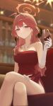  1girl alcohol aru_(blue_archive) aru_(dress)_(blue_archive) bar_(place) bare_legs bare_shoulders blue_archive blurry blurry_background blush breasts cleavage crossed_legs cup demon_horns dress drinking_glass feet_out_of_frame glint gloves gmi_(jimmyovob) halo highres holding holding_cup horns jewelry long_hair looking_at_viewer medium_breasts necklace official_alternate_costume pink_hair red_dress sitting smile solo very_long_hair white_gloves wine wine_glass 
