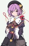  1girl absurdres alternate_costume bag black_shirt brown_gloves gloves grey_background heart highres juliet_sleeves komeiji_satori long_sleeves orchid_(orukido) pink_hair puffy_sleeves purple_eyes purple_hair shirt short_hair simple_background solo third_eye touhou 