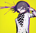  1boy arm_up checkered_clothes checkered_scarf chromatic_aberration colored_eyelashes danganronpa_(series) danganronpa_v3:_killing_harmony finger_gun finger_gun_to_head hair_between_eyes highres licking_lips long_sleeves looking_at_viewer male_focus neon_palette oma_kokichi purple_eyes purple_hair purple_outline scarf short_hair smile solo tongue tongue_out upper_body yellow_background 