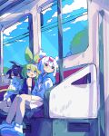  1other 2girls absurdres androgynous aoba_(uenomigi) black_eyes black_hair blue_eyes bright_pupils bus_interior closed_eyes commentary_request day ekami_gumi green_hair highres jacket light_particles mii-kun_(uenomigi) multicolored_hair multiple_girls open_clothes open_jacket open_mouth original pink_hair sitting smile two_side_up uenomigi white_footwear white_hair white_jacket white_pupils 