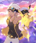  1boy :d absurdres belt belt_buckle brown_belt brown_jacket buckle captain_pikachu cloud commentary_request finger_gun friede_(pokemon) fur-trimmed_jacket fur_trim goggles happy haru_(haruxxe) highres jacket looking_at_viewer male_focus open_clothes open_jacket open_mouth outdoors pants pikachu pokemon pokemon_(anime) pokemon_horizons shirt sky smile sunrise teeth tongue upper_teeth_only white_hair yellow_eyes 