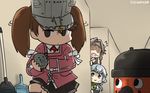  3girls arm_warmers bow bowtie broom brown_eyes brown_hair commentary dated dustpan forehead_protector grey_eyes hachimaki hair_intakes hamu_koutarou headband highres holding japanese_clothes jintsuu_(kantai_collection) kantai_collection kariginu long_hair magatama motion_lines multiple_girls open_mouth peeking_out pleated_skirt pun remodel_(kantai_collection) ryuujou_(kantai_collection) shaded_face shirt silver_hair skirt sweat twintails vacuum_cleaner visor_cap wavy_hair white_shirt yamagumo_(kantai_collection) 