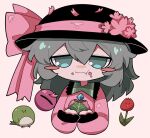  1girl alternate_color black_hat blush collar dress eating fang flower frilled_collar frilled_sleeves frills green_eyes green_hair hair_flower hair_ornament highres komeiji_koishi looking_ahead messy_hair no_pupils pink_dress rose_ribbon skin_fang third_eye touhou zunusama 