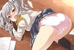  ass bent_over black_legwear blue_eyes embarrassed epaulettes from_above grey_jacket jacket kantai_collection kashima_(kantai_collection) looking_at_viewer miniskirt open_mouth panties pleated_skirt silver_hair skirt solo thighs tongue top-down_bottom-up torimaru twintails underwear wavy_hair wavy_mouth wooden_floor 