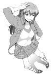  1girl ;d commentary_request full_body greyscale highres kakone long_hair long_sleeves looking_at_viewer monochrome one_eye_closed open_mouth original plaid plaid_skirt shirt shoes simple_background skirt smile socks striped_clothes striped_socks striped_vest v vest 