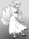  1girl breasts commentary_request dress fox_tail full_body greyscale hat highres kakone large_breasts long_sleeves looking_at_viewer mob_cap monochrome multiple_tails open_mouth short_hair short_sleeves solo tabard tail touhou wide_sleeves yakumo_ran 