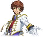  1boy artist_request brown_hair code_geass code_geass:_lost_stories cropped_jacket epaulettes game_cg gloves gold_trim green_eyes hair_between_eyes jacket kururugi_suzaku long_sleeves looking_at_viewer male_focus military_uniform non-web_source official_art outstretched_arm parted_lips purple_shirt reaching reaching_towards_viewer red_vest shirt short_hair sidelocks smile solo standing tassel teeth uniform upper_body vest white_gloves white_jacket 