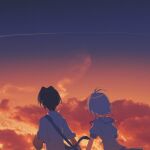  1boy 1girl antenna_hair asaba_naoyuki backlighting bag blue_sky cloud commentary_request contrail evening facing_away floating_hair fox_(770205490) from_behind gradient_sky highres holding_hands iriya_kana iriya_no_sora_ufo_no_natsu orange_sky outdoors puffy_short_sleeves puffy_sleeves school_uniform serafuku shirt short_hair short_sleeves shoulder_bag sky upper_body white_hair white_shirt wind 