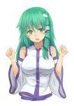  1girl bare_shoulders blush breasts collared_shirt commentary_request cropped_torso detached_sleeves frog_hair_ornament green_eyes green_hair hair_ornament head_tilt highres kakone kochiya_sanae large_breasts long_hair looking_at_viewer open_mouth shirt simple_background snake_hair_ornament solo tareme touhou upper_body white_background white_shirt wide_sleeves 