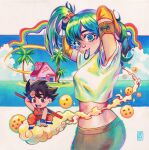  1boy 1girl absurdres arm_up armpits arms_behind_head artist_name black_hair blue_eyes blue_hair blue_sky bulma child cloud crop_top day dougi dragon_ball dragon_ball_(classic) dragon_ball_(object) flying_nimbus hair_ornament highres house island jewelry kame_house long_hair looking_at_viewer midriff mouth_hold ocean open_mouth outdoors ponytail rian_gonzales saiyan shirt short_hair short_sleeves sky smile son_goku spiked_hair white_shirt 