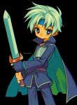  1boy belt black_background blue_cape blue_eyes blue_headband blue_pants blue_shirt brown_belt cape closed_mouth fingernails headband highres holding holding_sword holding_weapon looking_at_viewer madou_monogatari male_focus menma_(enaic31) pants puyopuyo schezo_wegey shirt solo sword weapon white_hair 