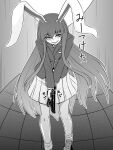  1girl animal_ears blazer commentary_request full_body greyscale gun highres holding holding_gun holding_weapon jacket kakone long_hair long_sleeves looking_at_viewer monochrome rabbit_ears rabbit_girl reisen_udongein_inaba shoes sidelocks solo touhou translation_request weapon 