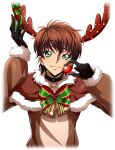  1boy animal_costume artist_request bell black_choker black_gloves blush bow bowtie brown_capelet brown_hair capelet choker closed_mouth code_geass code_geass:_lost_stories cropped_torso fake_antlers fake_nose fur-trimmed_capelet fur-trimmed_sleeves fur_trim game_cg gloves green_bow green_bowtie green_eyes green_ribbon hands_up highres holly horn_ornament horn_ribbon horns kururugi_suzaku light_blush long_sleeves looking_at_viewer male_focus neck_bell nervous non-web_source official_art reindeer_costume ribbon short_hair sidelocks simple_background smile solo straight-on sweat transparent_background upper_body 