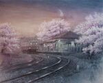  1girl ballast bench bulletin_board cherry crescent_moon food fruit highres moon morning nihonga original scenery solo sunrise tanamachi_yoshihiro train train_station train_station_platform tree 