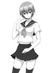  1girl closed_mouth commentary_request greyscale highres kakone looking_at_viewer monochrome neckerchief original pleated_skirt sailor_collar school_uniform serafuku short_hair short_sleeves simple_background skirt smile thighhighs 