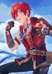  1boy adol_christin armor belt blue_eyes blue_sky cloud commentary_request eating from_below gloves hair_between_eyes holding holding_spoon kiruri_(mimosayoshi) layered_clothes light_blush light_particles looking_at_viewer male_focus multiple_belts pants red_hair short_hair sky smile solo spoon upper_body utensil_in_mouth ys ys_viii_lacrimosa_of_dana 