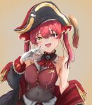  1girl arrow_through_heart ascot black_choker black_coat breasts choker coat cropped_jacket frilled_choker frills gloves hair_ribbon hat heterochromia hololive houshou_marine houshou_marine_(1st_costume) leotard leotard_under_clothes open_mouth pirate_hat red_ascot red_coat red_eyes red_ribbon ribbon sasai_tuki sleeveless sleeveless_jacket smile solo teeth twintails two-sided_coat two-sided_fabric upper_teeth_only virtual_youtuber white_gloves yellow_eyes 