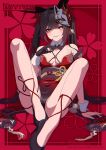  1girl alternate_costume aoi_suzu bare_shoulders black_footwear black_gloves black_hair gloves highres honkai:_star_rail honkai_(series) long_hair looking_at_viewer parted_lips playboy_bunny red_eyes single_glove sitting smile solo sparkle_(honkai:_star_rail) twintails wrist_cuffs 