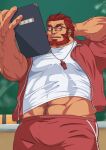  1boy absurdres alternate_costume arm_behind_head bara beard bespectacled classroom coach covered_nipples dark-skinned_male dark_skin eyebrow_stubble facial_hair fate/zero fate_(series) full_beard genta_iwayama glasses highres iskandar_(fate) jacket large_pectorals looking_to_the_side male_focus mature_male midriff_peek muscular muscular_male pants pectorals red_eyes red_hair short_hair solo sparse_navel_hair thick_beard thick_eyebrows track_jacket track_pants veins veiny_arms whistle whistle_around_neck 