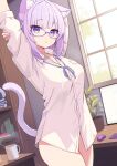  1girl :d animal_ear_fluff animal_ears book breasts cat_ears cat_girl cat_tail coffee_mug cup highres hololive indoors keyboard_(computer) large_breasts looking_at_viewer monitor mouse_(computer) mug nekomata_okayu onigirya_(nekomata_okayu) open_mouth parijennu222 plant potted_plant purple-framed_eyewear purple_eyes purple_hair purple_ribbon ribbon shelf shirt short_hair smile solo stretching tail thighs virtual_youtuber white_shirt 