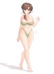  1girl absurdres barefoot bikini blush bow breasts brown_eyes brown_hair cleavage closed_mouth collarbone full_body geraldjess1 green_bikini hair_bow hand_up highres large_breasts long_hair medium_hair navel ranma_1/2 simple_background smile solo sparkle swimsuit tendou_kasumi toes walking white_background yellow_bow 