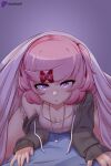  1girl absurdres black_jacket collarbone commentary doki_doki_literature_club drawstring english_commentary girl_on_top hair_ornament hair_ribbon hairclip heart heart-shaped_pupils heart_necklace highres indoors jacket jewelry long_sleeves looking_at_viewer natsuki_(doki_doki_literature_club) necklace off_shoulder parted_lips penis pink_eyes pink_hair pov raion_(raionart) red_ribbon ribbon short_hair short_shorts shorts sleeves_past_wrists small_penis solo_focus straddling swept_bangs symbol-shaped_pupils two_side_up under_covers 