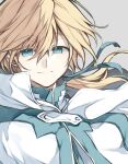  1boy blonde_hair blue_eyes blue_ribbon cloak closed_mouth fai_d._flowright floating_hair grey_background hair_between_eyes hair_ribbon highres hood hood_down hooded_cloak jacket kurabayashi long_hair looking_at_viewer low_ponytail male_focus ribbon simple_background smile solo tsubasa_chronicle upper_body white_cloak white_jacket 