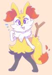 2018 3_fingers 3_toes :3 ambiguous_gender anthro barefoot black_body black_eyes black_fur black_nose blush blush_lines body_hair braixen branch chest_hair clothing colored dipstick_tail eyebrows eyelashes feet fingers fur generation_6_pokemon graskip hi_res inner_ear_fluff leg_tuft markings multicolored_body multicolored_fur naturally_censored nintendo nude open_mouth pink_background pokemon pokemon_(species) red_inner_ear_fluff red_tail_tip shaded simple_background solo standing tail tail_markings thigh_tuft toes tuft white_body white_clothing white_fur white_tuft yellow_body yellow_fur yellow_tuft