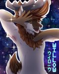  2019 absurd_res anthro capreoline cervid chest_tuft digital_media_(artwork) english_text galaxy grin halfbody hi_res japanese_text jojo_pose looking_at_viewer male mammal mane naahva nude open_mouth outside reindeer smile solo sparkle star text toony tuft willow 