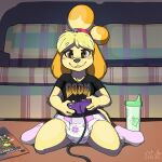 accessory animal_crossing anthro canid canine canis clothed clothing controller diaper domestic_dog female footwear furniture game_controller gamecube gamecube_controller gaming hair_accessory hi_res isabelle_(animal_crossing) kneeling link living_room mammal nintendo nintendo_controller nintendo_power pattern_diaper pink_clothing pink_footwear pink_socks playing_video_game shirt sippy_cup smile socks sofa solo stargal_galexi t-shirt the_legend_of_zelda topwear video_game_logo wearing_diaper