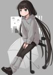  1girl between_legs black_footwear black_thighhighs blank_stare blunt_bangs cityscape closed_mouth cloud expressionless grey_background grey_eyes grey_hoodie grey_socks hand_between_legs highres hood hood_down hoodie inabakumori jitome long_hair low_twintails mayosizu musical_note osage_(nukunuku_nigirimeshi) rain sitting socks solo thighhighs twintails very_long_hair vocaloid watashi_wa_ame_(vocaloid) 