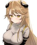  1girl arknights blush breasts brown_hair commentary grey_sweater highres horns large_breasts long_hair looking_at_viewer meteorite_(arknights) raramente simple_background solo sweater turtleneck turtleneck_sweater upper_body very_long_hair white_background yellow_eyes 