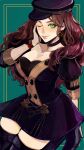  1girl black_choker black_hat blush breasts brown_hair cabbie_hat choker cleavage closed_mouth commentary_request dorothea_arnault fire_emblem fire_emblem:_three_houses garreg_mach_monastery_uniform green_background green_eyes hand_on_own_face hat highres large_breasts lips long_hair looking_at_viewer one_eye_closed pink_lips sadakadeha_nai simple_background smile solo wavy_hair 