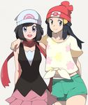  :d aqua_shorts arm_around_shoulder black_hair blue_eyes cosplay costume_switch drawfag hat hikari_(pokemon) long_hair looking_at_viewer mizuki_(pokemon) multiple_girls non-web_source open_mouth pokemon pokemon_(game) pokemon_dppt pokemon_sm red_hat red_scarf scarf shorts smile standing 