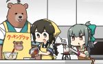  2girls ahoge animalization apron bandanna beaker bear black_eyes black_hair blue_sailor_collar bow bowl braid brown_eyes bunsen_burner chocolate dated erlenmeyer_flask grey_hair hair_between_eyes hair_bow hamu_koutarou highres huge_ahoge isonami_(kantai_collection) kantai_collection kuma_(kantai_collection) multiple_girls orange_apron parody ponytail sailor_collar school_uniform serafuku short_sleeves sidelocks standing test_tube twin_braids upper_body yellow_apron yuubari_(kantai_collection) 