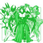  3girls angel armor armored_skirt bare_shoulders bat_tattoo bat_wings black_hair blonde_hair bodysuit breastplate breasts claws cleavage colored_skin covered_eyes crescent demon demon_girl demon_wings dianamon digimon digimon_(creature) eyeshadow facial_mark fallen_angel forehead_mark forehead_tattoo gloves green_theme hair_between_eyes hair_ornament helmet helmet_over_eyes highres holding holding_scythe horns kenchi large_breasts lilithmon long_hair looking_at_viewer lovelyangemon makeup mask mole monochrome moon mouth_mask multiple_girls open_mouth pink_scarf pointy_ears purple_bodysuit purple_eyeshadow purple_lips purple_mask scarf scythe short_hair shoulder_armor simple_background skirt smile tattoo twintails very_long_hair weapon white_armor wings 