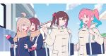  &gt;_o +++ 4girls ;d ^_^ absurdres ahoge bag black_hair black_jacket blue_hair blue_sky brown_eyes brown_hair closed_eyes cloud coat commentary day facing_another hair_between_eyes hair_ornament hair_ribbon hair_scrunchie hand_on_own_hip highres holding_strap house hozuki_kaede hozuki_momiji index_finger_raised jacket long_hair long_sleeves looking_at_another matching_accessory matching_outfits multiple_girls nail_polish one_eye_closed onii-chan_wa_oshimai! open_mouth outdoors oyama_mahiro oyama_mihari pink_hair pink_nails ponytail purple_hair red_eyes red_ribbon ribbon scarf school_bag school_uniform scrunchie short_hair short_ponytail siblings sisters sky smile swiz667 torso_grab twintails white_coat yellow_scrunchie 