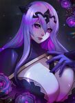  1girl breasts camilla_(fire_emblem) cleavage_cutout clothing_cutout double-parted_bangs fake_horns fire_emblem fire_emblem_fates flower gloves hair_between_eyes highres horns huge_breasts looking_at_viewer portrait purple_eyes purple_flower purple_hair purple_rose rose solo tiara upper_body xuuikie_ashe 